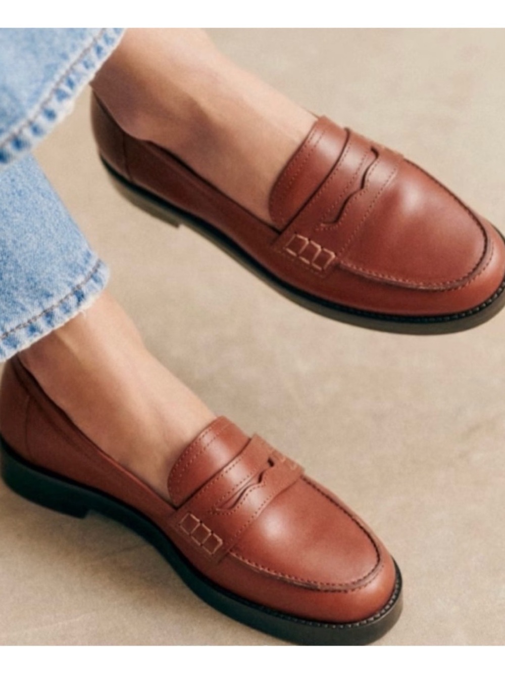 Sézane Chestnut Leather Penny Loafers